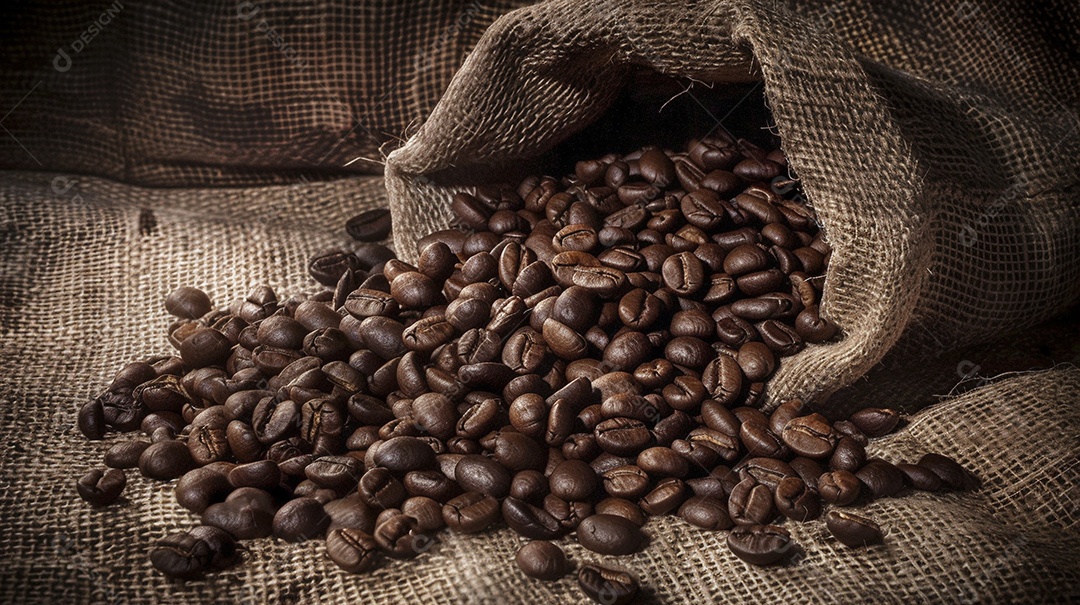 Fotografia de produto de grãos de café caindo de um saco de estopa aparência rústica ultra realista