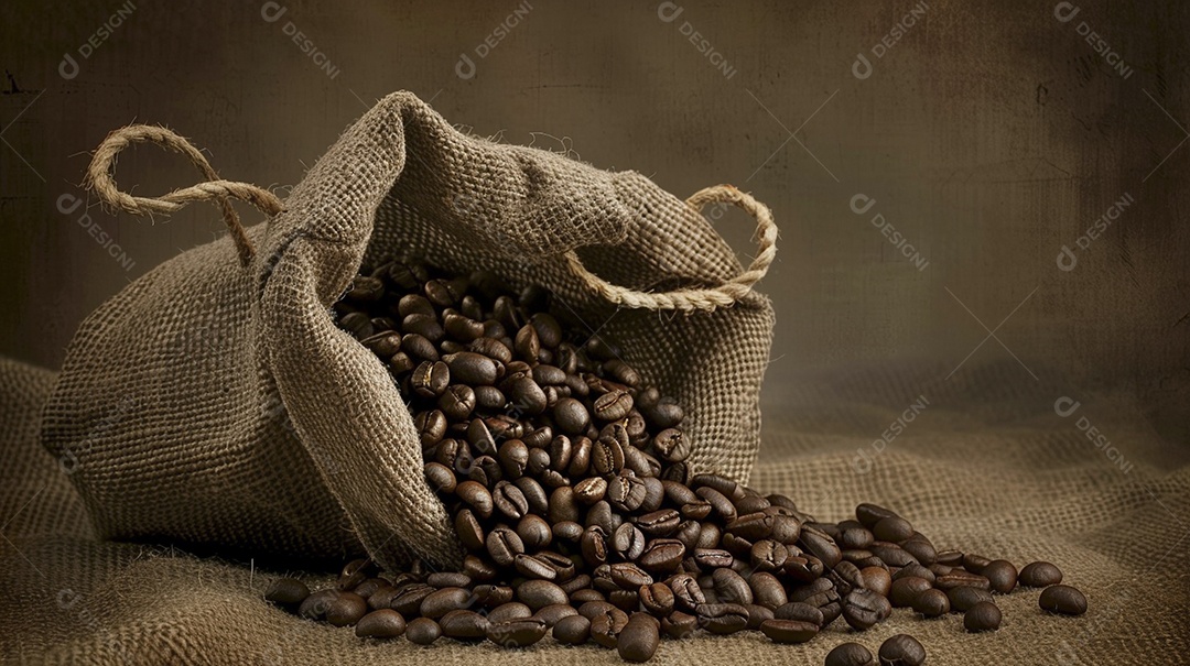 Fotografia de produto de grãos de café caindo de um saco de estopa aparência rústica ultra realista