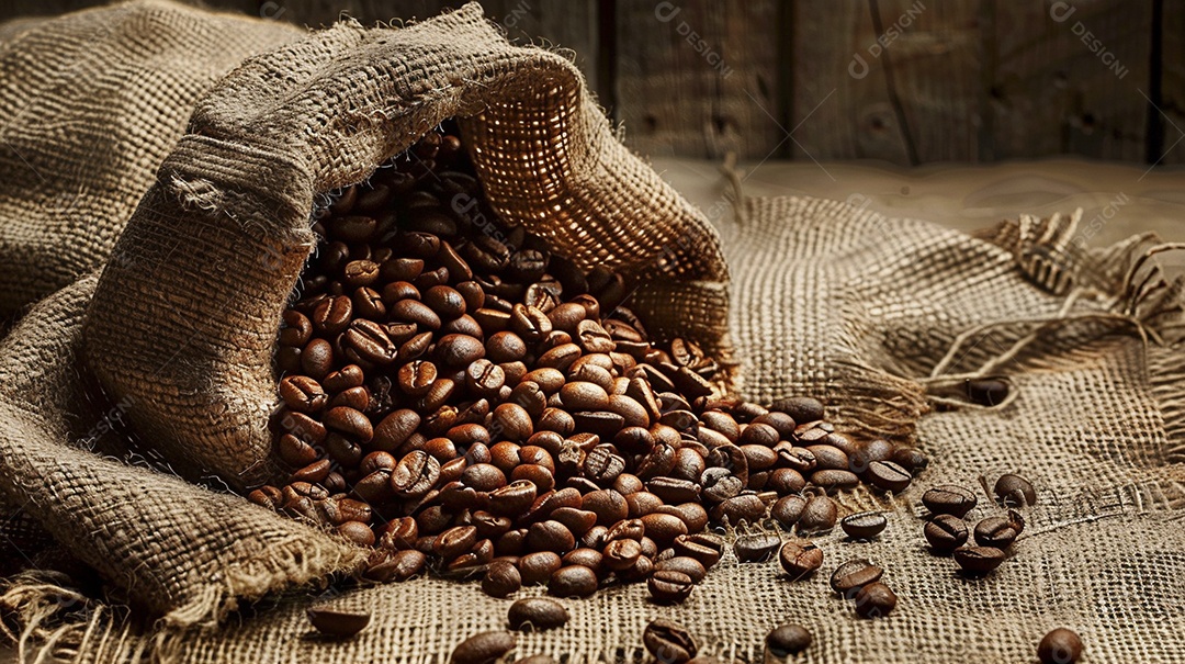 Fotografia de produto de grãos de café caindo de um saco de estopa aparência rústica ultra realista