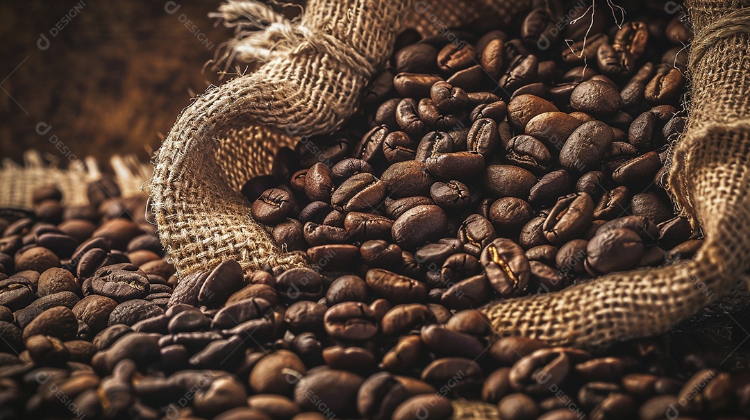 Fotografia de produto de grãos de café caindo de um saco de estopa aparência rústica ultra realista