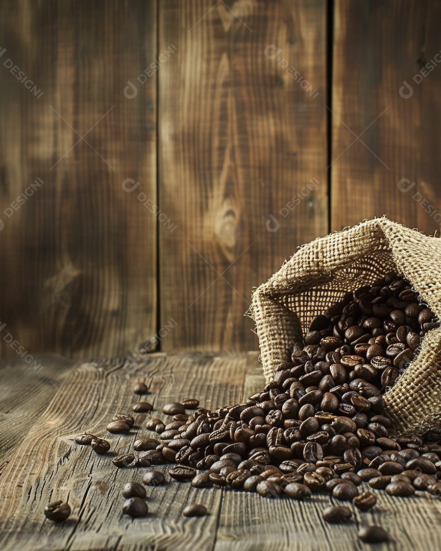 Fotografia de produto de grãos de café caindo de um saco de estopa aparência rústica ultra realista