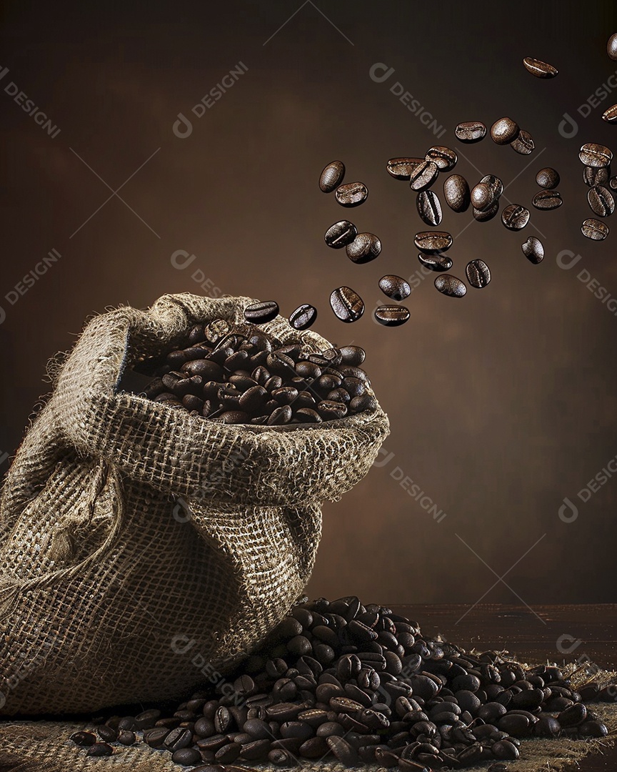 Fotografia de produto de grãos de café caindo de um saco de estopa aparência rústica ultra realista