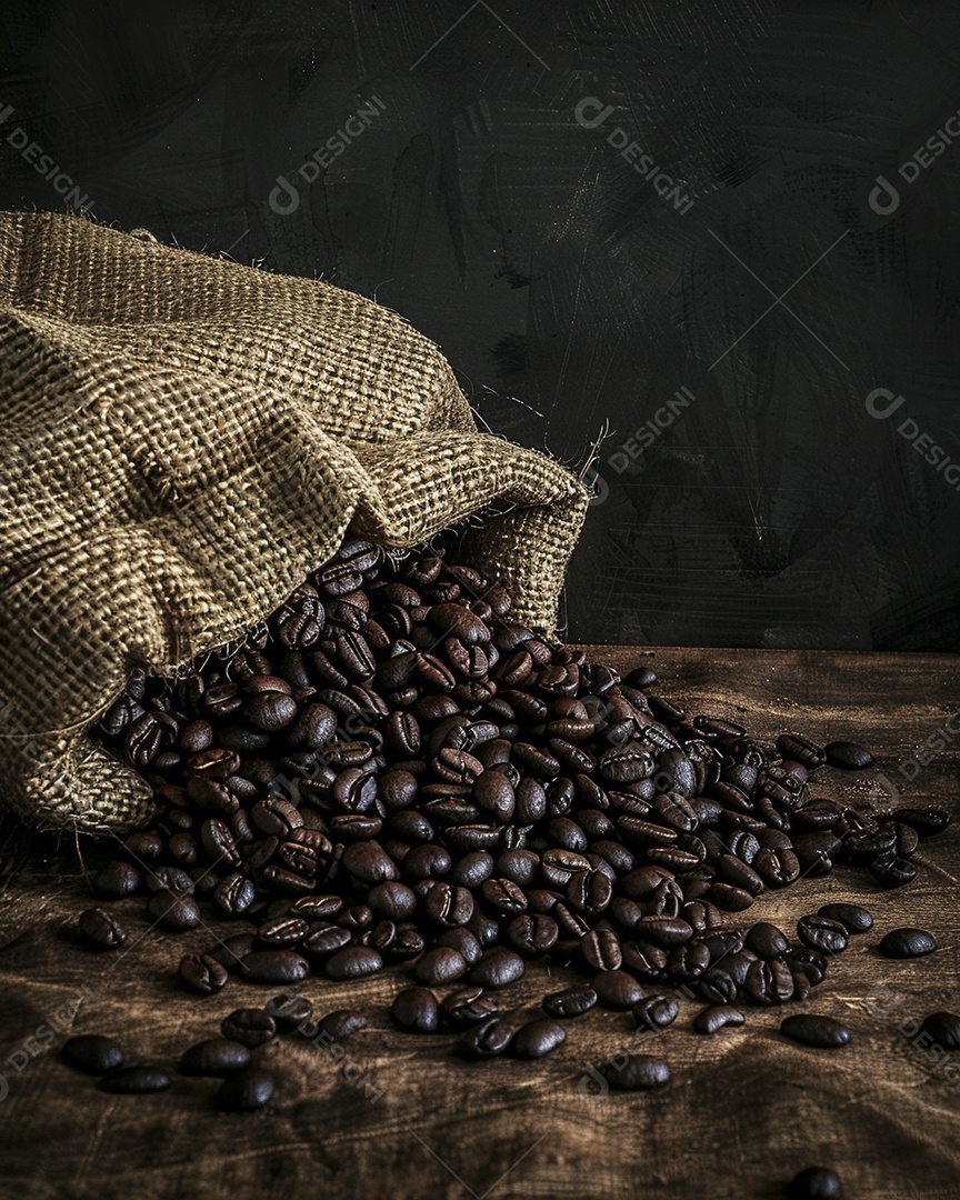 Fotografia de produto de grãos de café caindo de um saco de estopa aparência rústica ultra realista