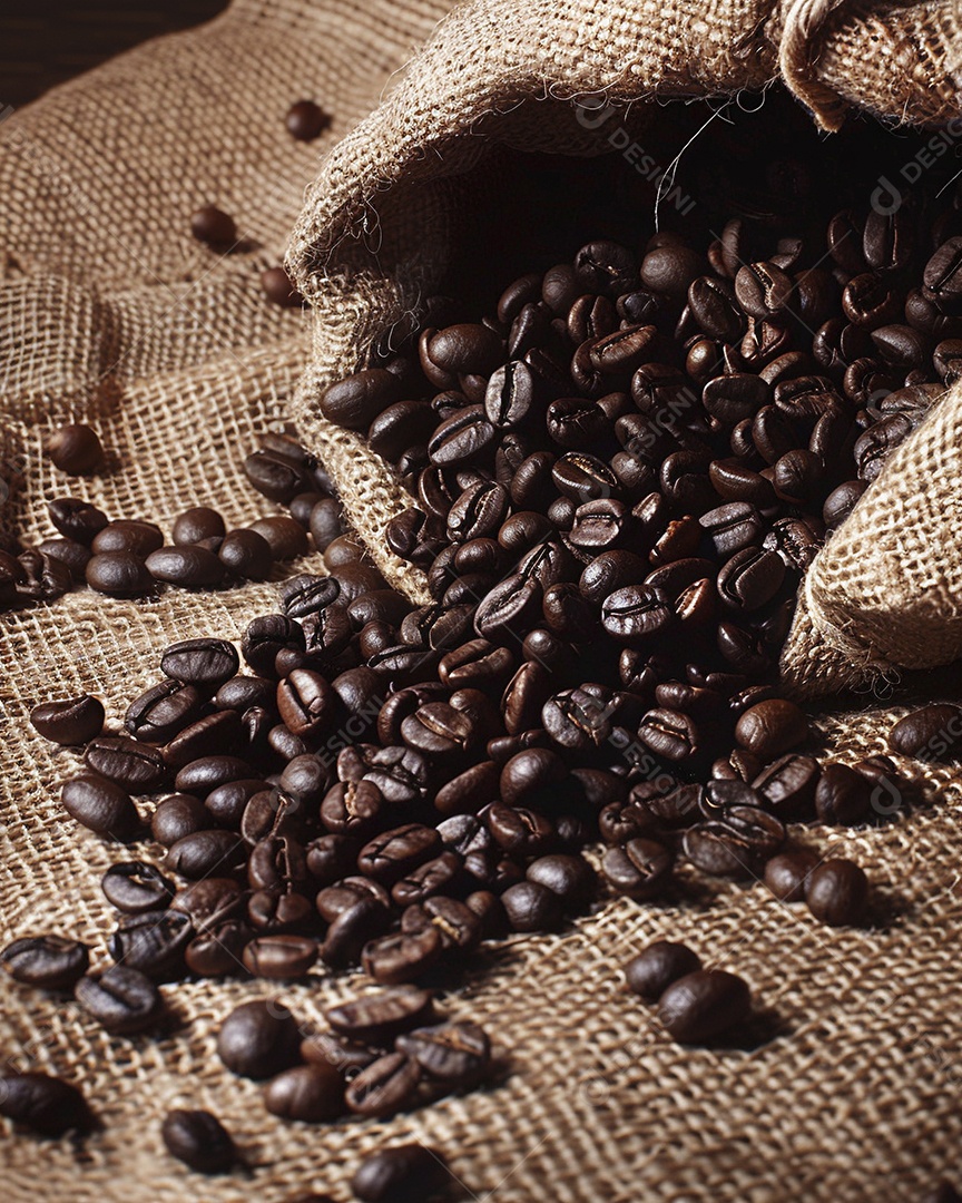 Fotografia de produto de grãos de café caindo de um saco de estopa aparência rústica ultra realista