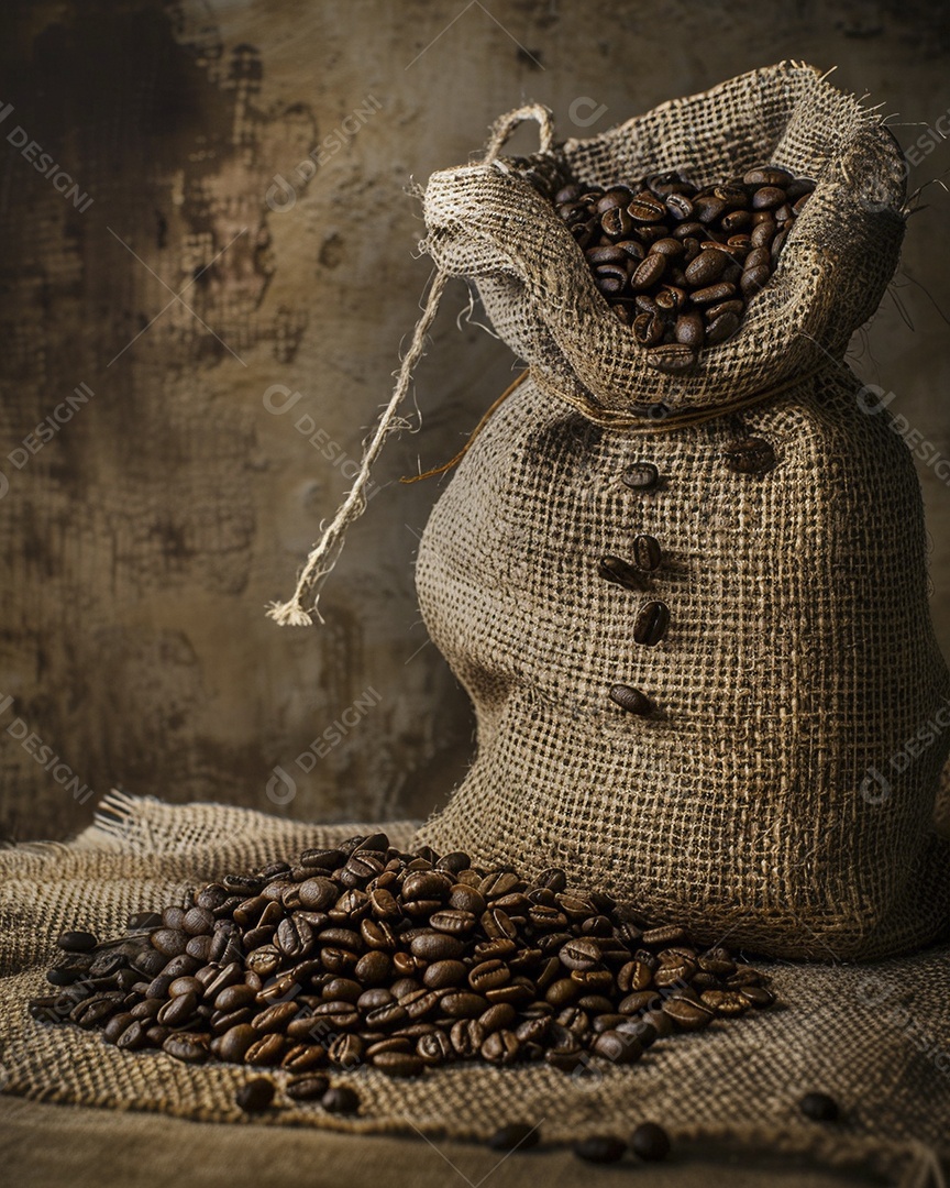 Fotografia de produto de grãos de café caindo de um saco de estopa aparência rústica ultra realista