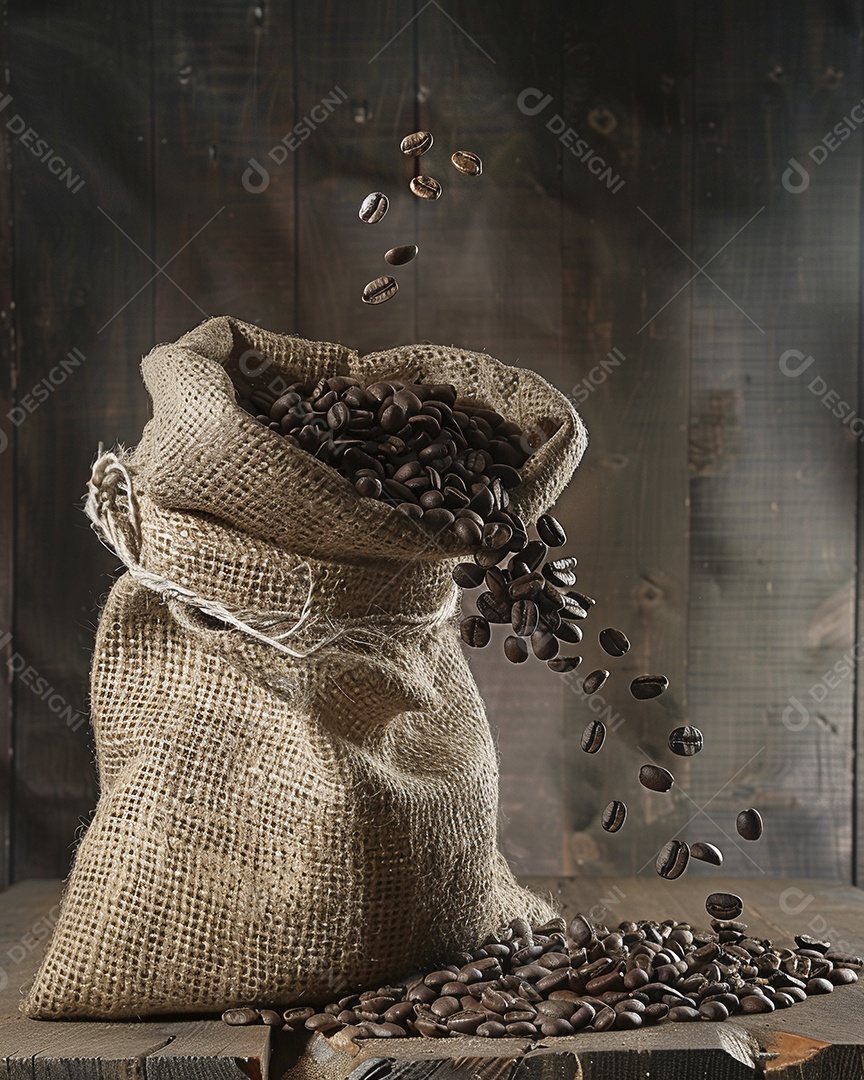 Fotografia de produto de grãos de café caindo de um saco de estopa aparência rústica ultra realista