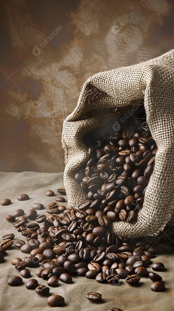 Fotografia de produto de grãos de café caindo de um saco de estopa aparência rústica ultra realista