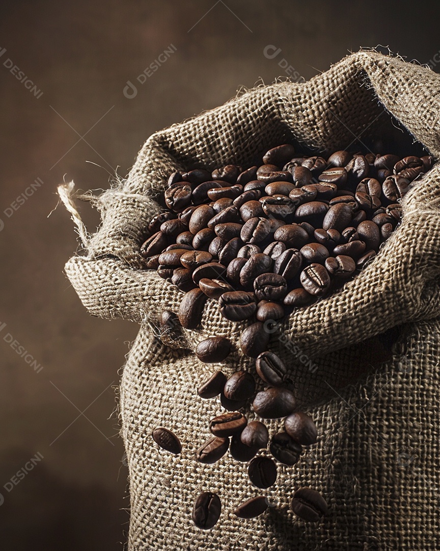 Fotografia de produto de grãos de café caindo de um saco de estopa aparência rústica ultra realista