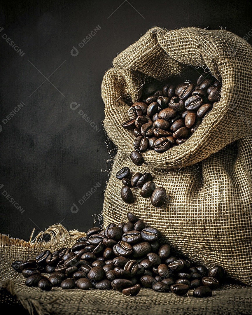 Fotografia de produto de grãos de café caindo de um saco de estopa aparência rústica ultra realista