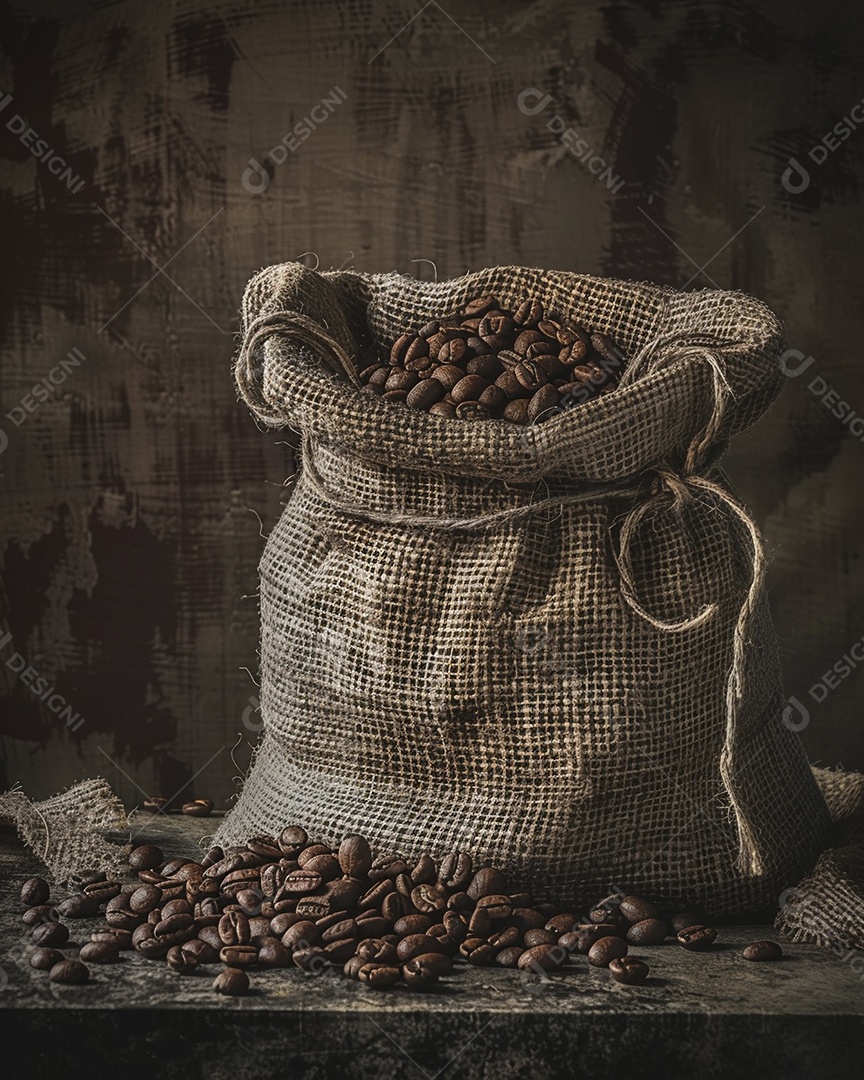 Fotografia de produto de grãos de café caindo de um saco de estopa aparência rústica ultra realista