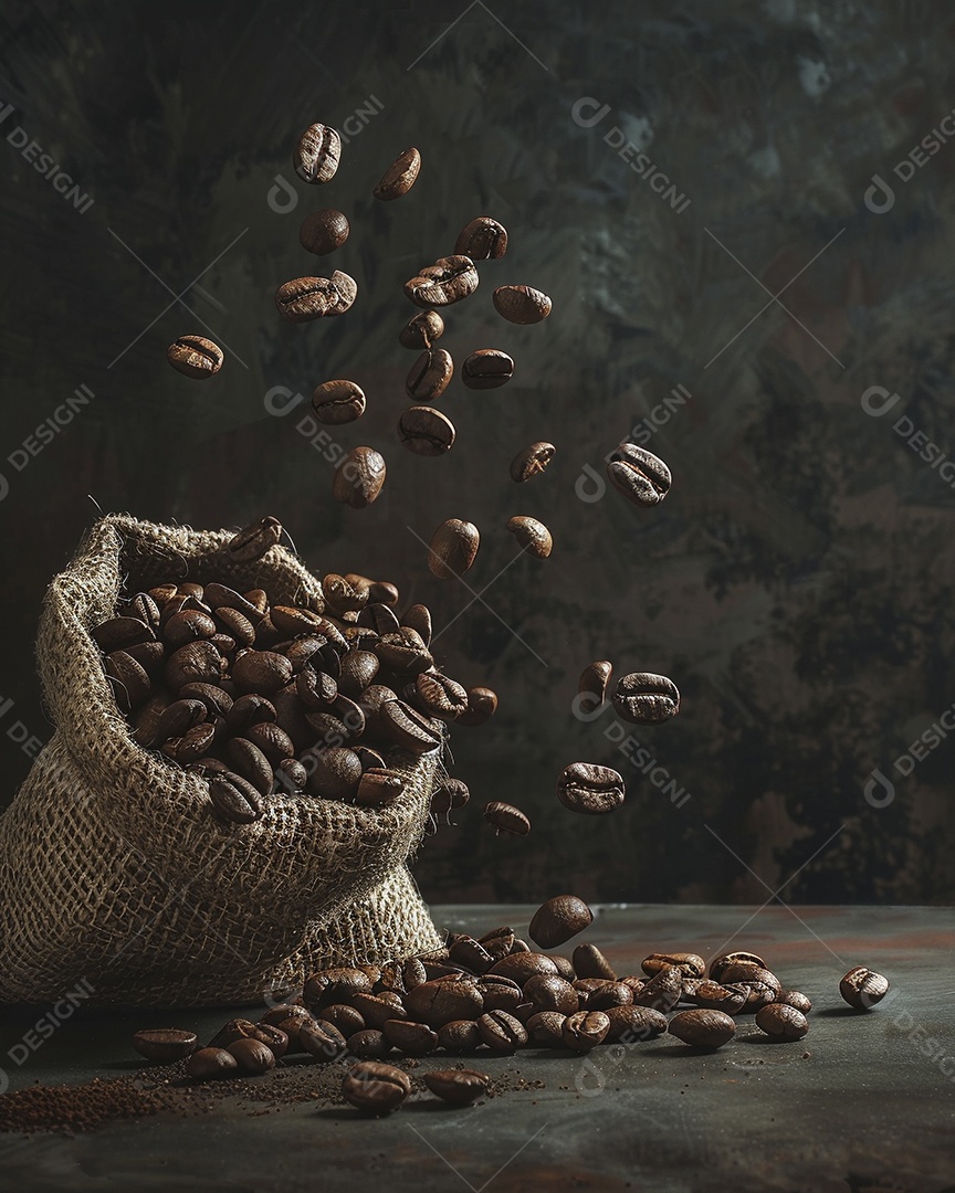 Fotografia de produto de grãos de café caindo de um saco de estopa aparência rústica ultra realista