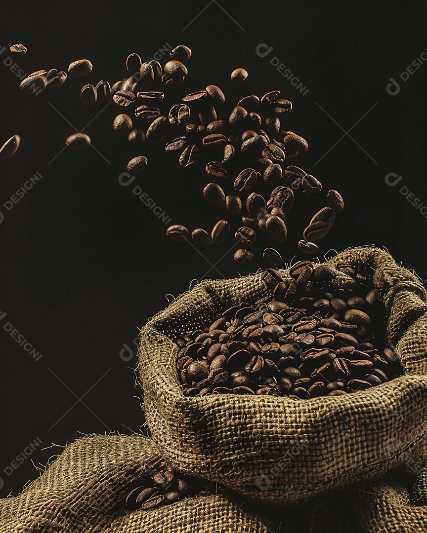 Fotografia de produto de grãos de café caindo de um saco de estopa aparência rústica ultra realista