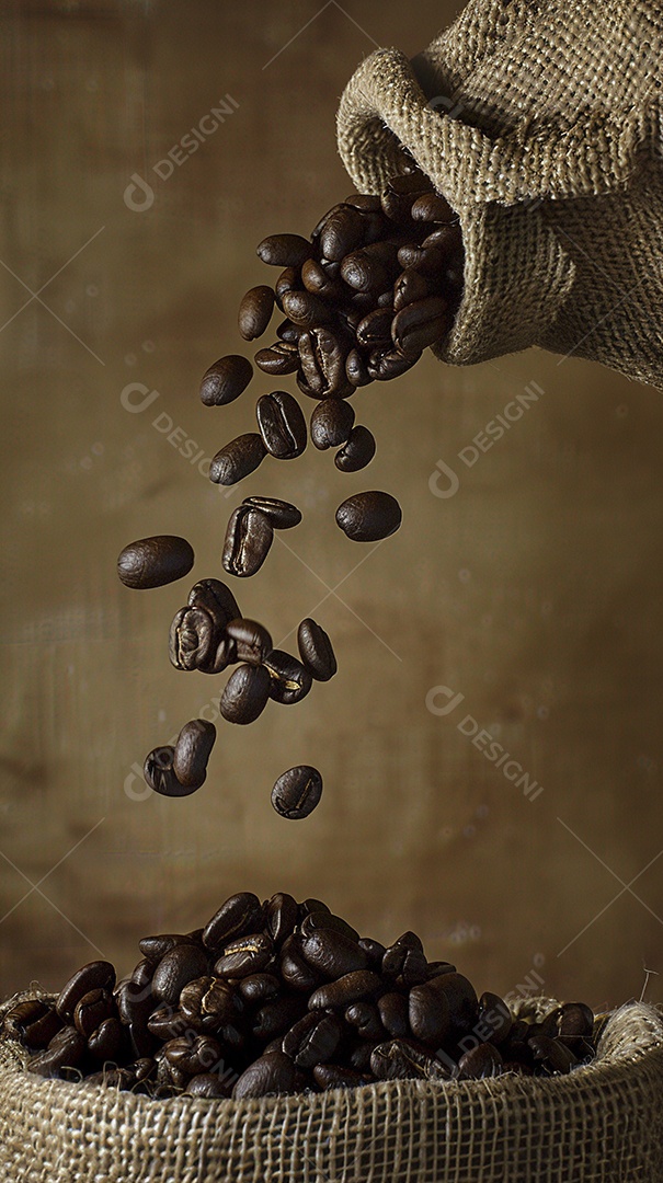 Fotografia de produto de grãos de café caindo de um saco de estopa aparência rústica ultra realista