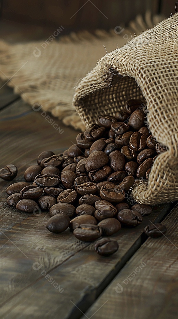 Fotografia de produto de grãos de café caindo de um saco de estopa aparência rústica ultra realista