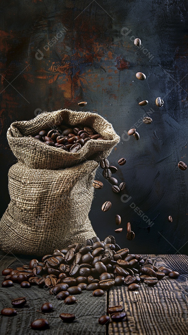 Fotografia de produto de grãos de café caindo de um saco de estopa aparência rústica ultra realista