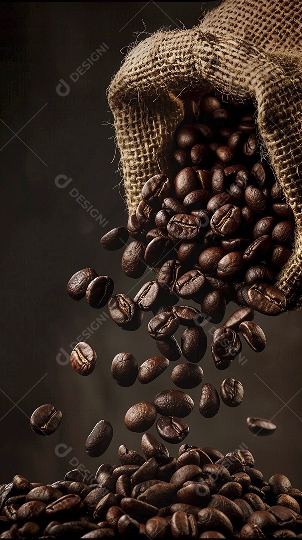 Fotografia de produto de grãos de café caindo de um saco de estopa aparência rústica ultra realista