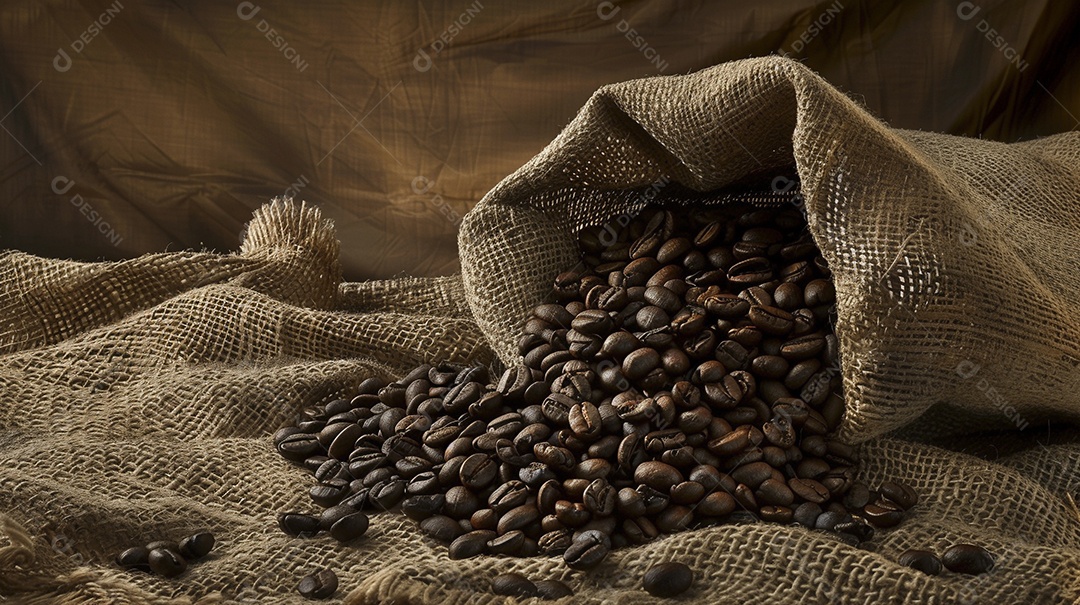 Fotografia de produto de grãos de café caindo de um saco de estopa aparência rústica ultra realista