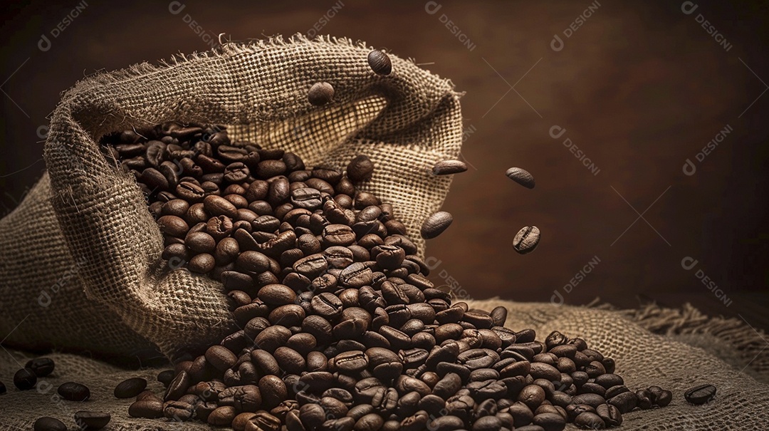Fotografia de produto de grãos de café caindo de um saco de estopa aparência rústica ultra realista