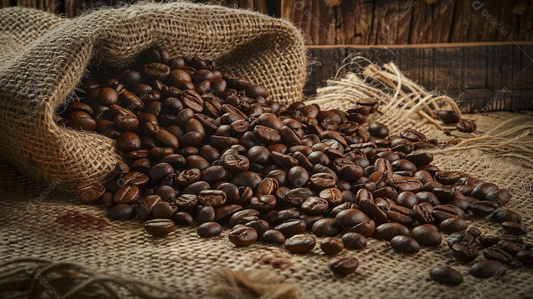 Fotografia de produto de grãos de café caindo de um saco de estopa aparência rústica ultra realista