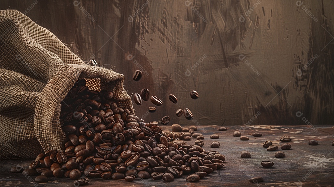 Fotografia de produto de grãos de café caindo de um saco de estopa aparência rústica ultra realista