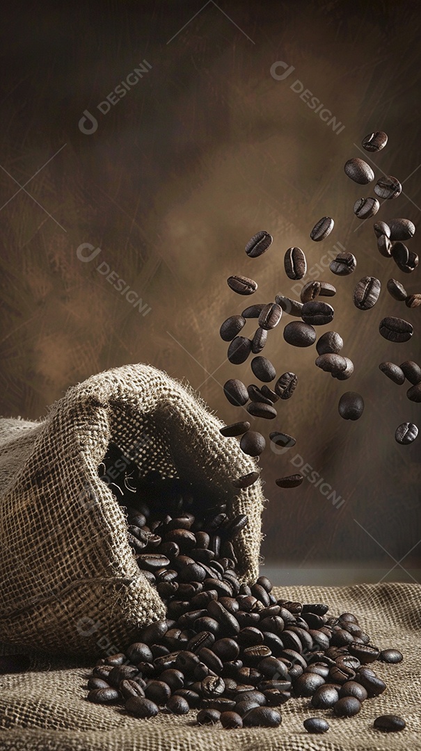 Fotografia de produto de grãos de café caindo de um saco de estopa aparência rústica ultra realista