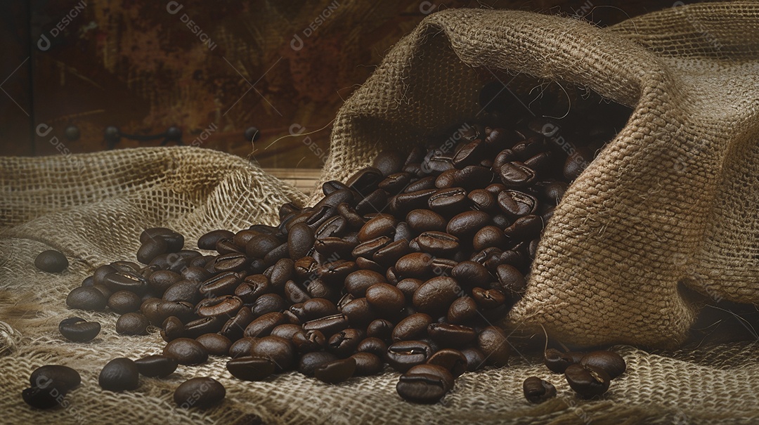 Fotografia de produto de grãos de café caindo de um saco de estopa aparência rústica ultra realista