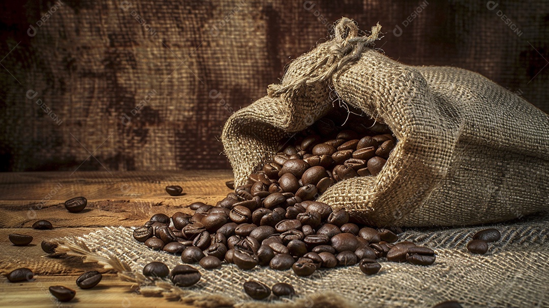 Fotografia de produto de grãos de café caindo de um saco de estopa aparência rústica ultra realista