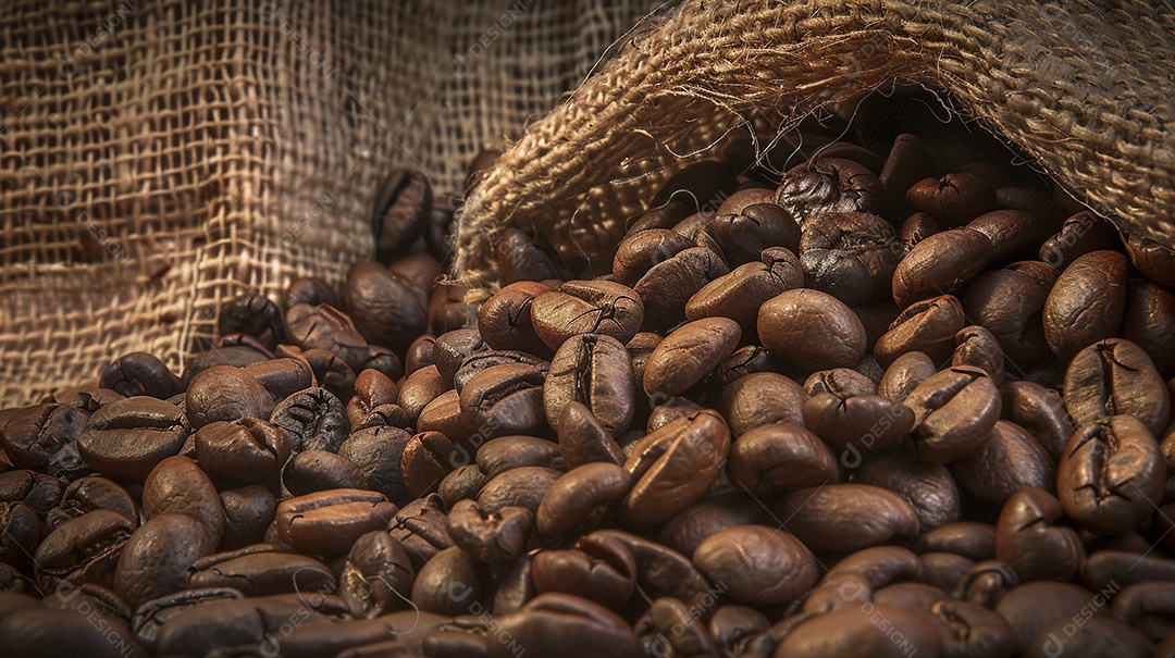 Fotografia de produto de grãos de café caindo de um saco de estopa aparência rústica ultra realista