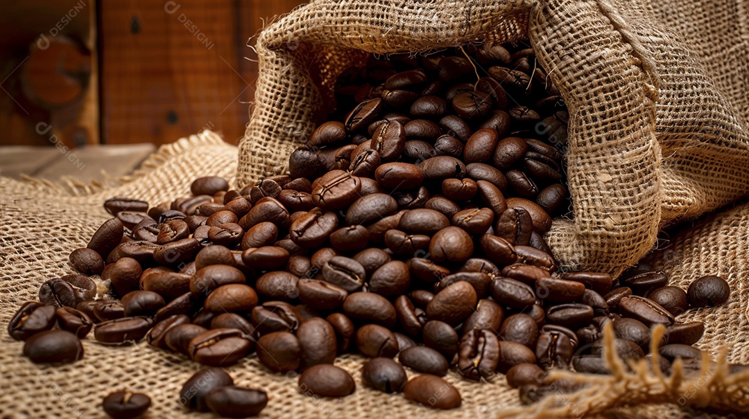 Fotografia de produto de grãos de café caindo de um saco de estopa aparência rústica ultra realista