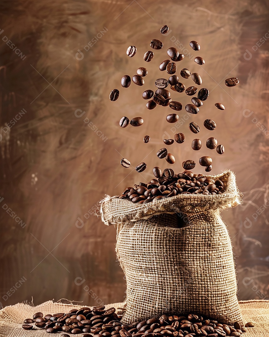Fotografia de produto de grãos de café caindo de um saco de estopa aparência rústica ultra realista
