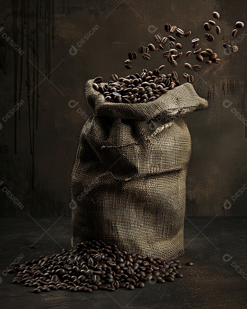Fotografia de produto de grãos de café caindo de um saco de estopa aparência rústica ultra realista