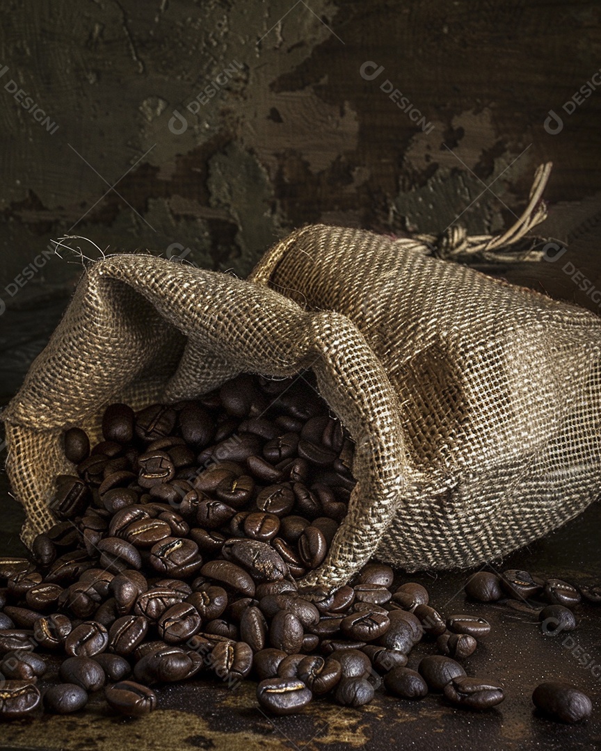 Fotografia de produto de grãos de café caindo de um saco de estopa aparência rústica ultra realista