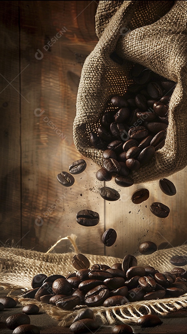 Fotografia de produto de grãos de café caindo de um saco de estopa aparência rústica ultra realista