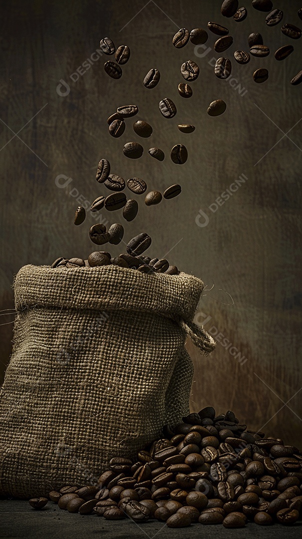 Fotografia de produto de grãos de café caindo de um saco de estopa aparência rústica ultra realista