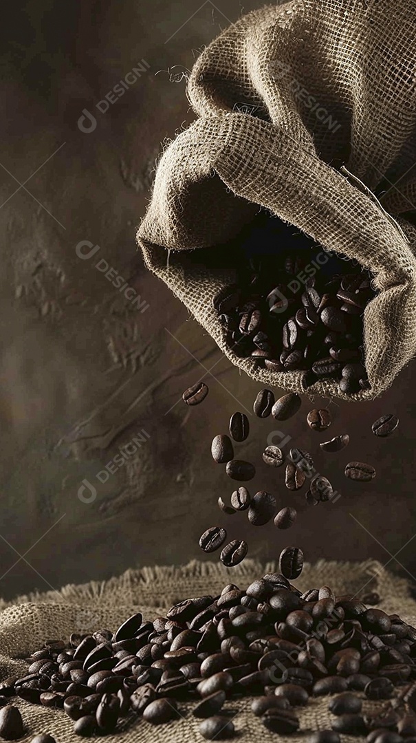 Fotografia de produto de grãos de café caindo de um saco de estopa aparência rústica ultra realista