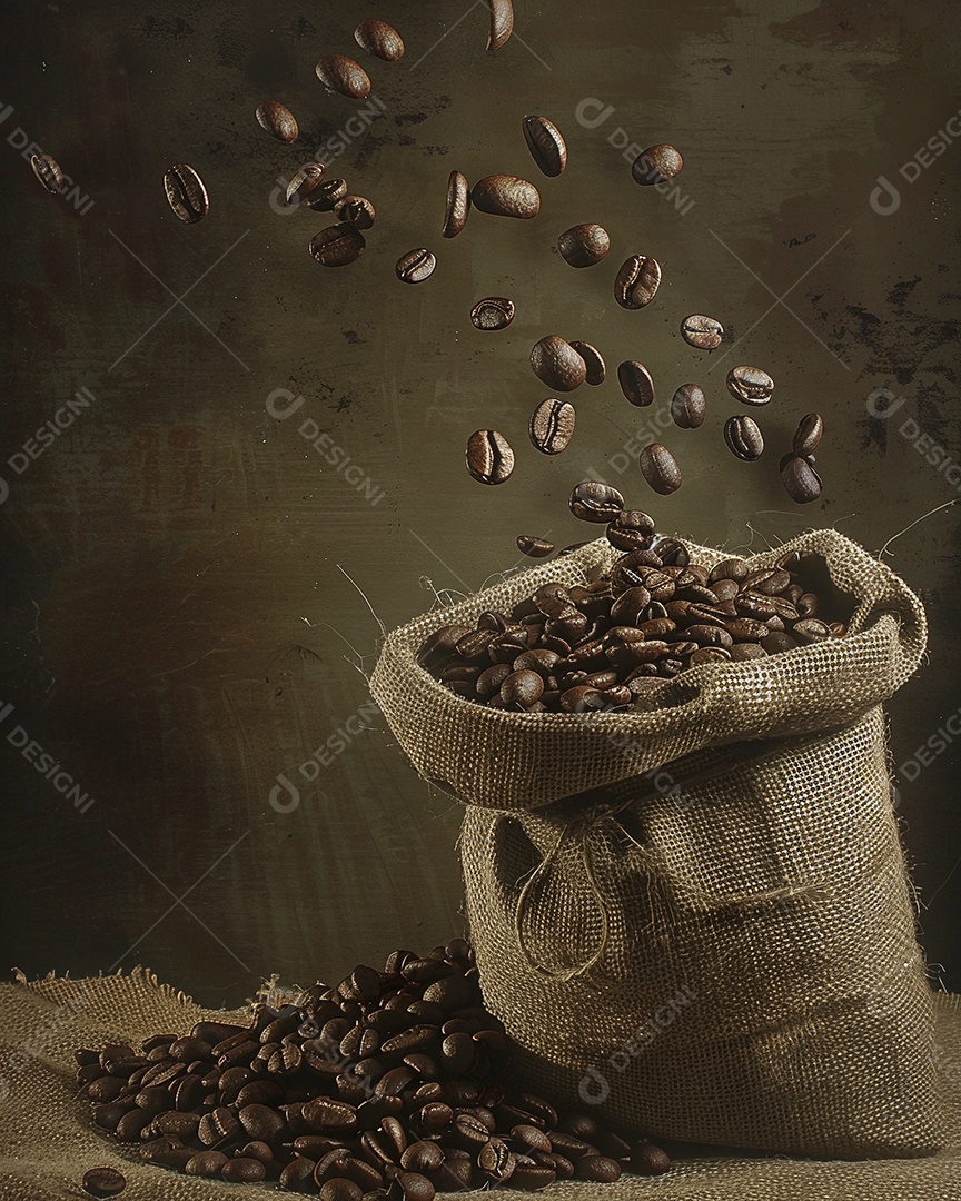 Fotografia de produto de grãos de café caindo de um saco de estopa aparência rústica ultra realista