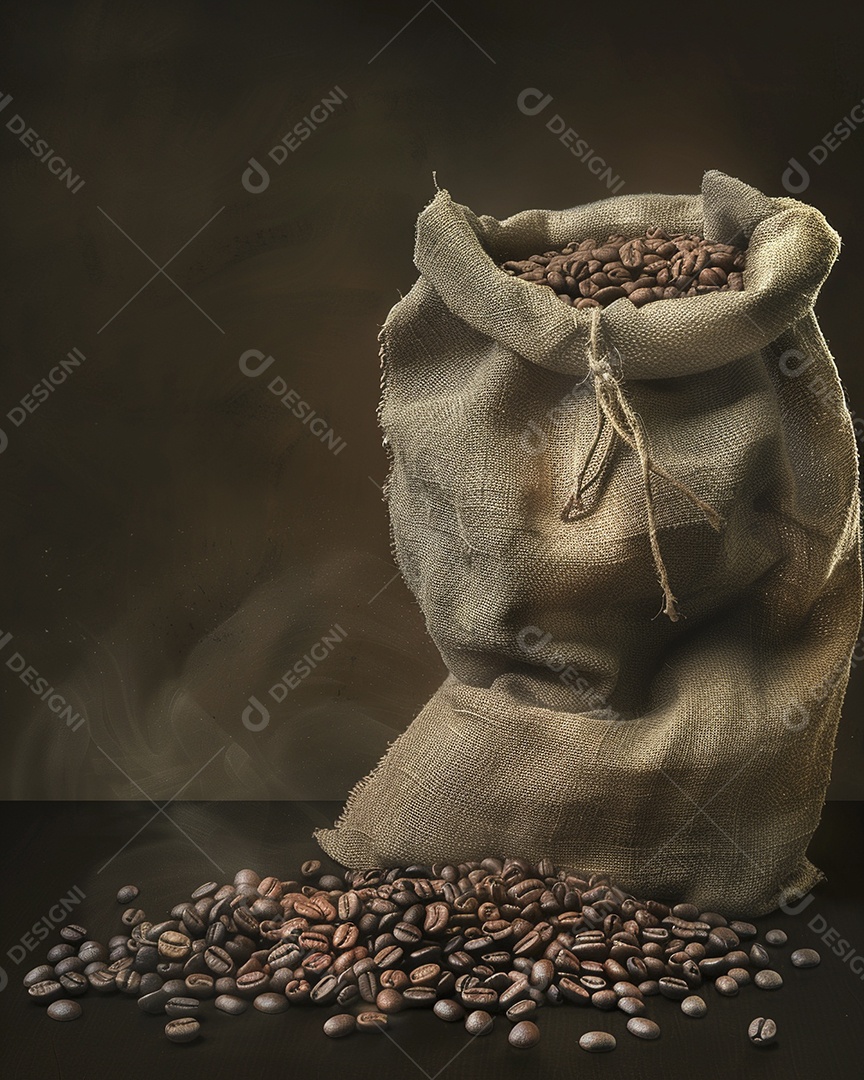 Fotografia de produto de grãos de café caindo de um saco de estopa aparência rústica ultra realista
