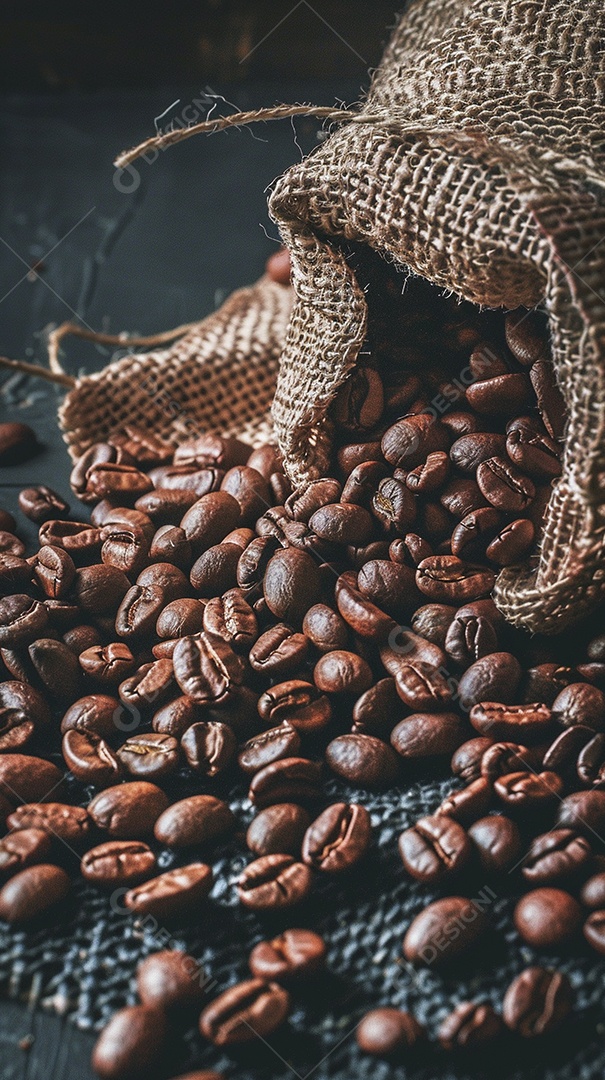 Fotografia de produto de grãos de café caindo de um saco de estopa aparência rústica ultra realista