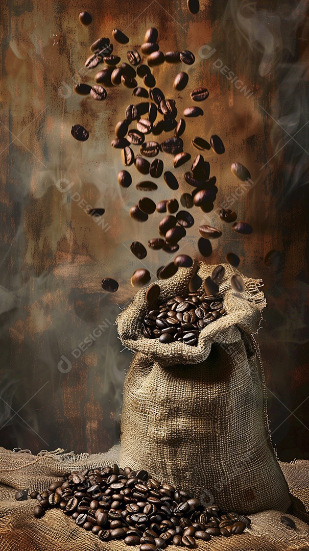 Fotografia de produto de grãos de café caindo de um saco de estopa aparência rústica ultra realista