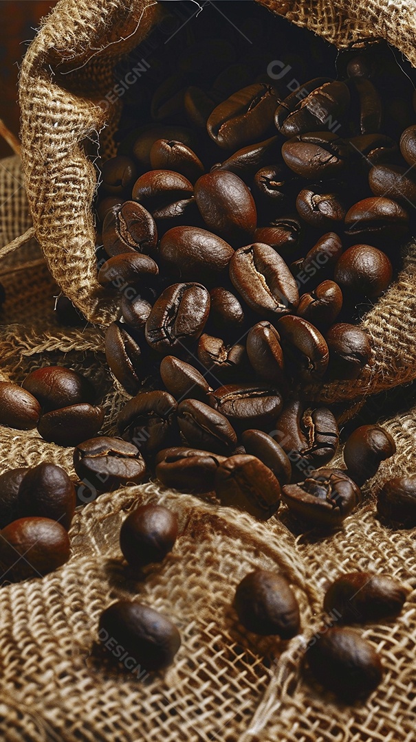 Fotografia de produto de grãos de café caindo de um saco de estopa aparência rústica ultra realista
