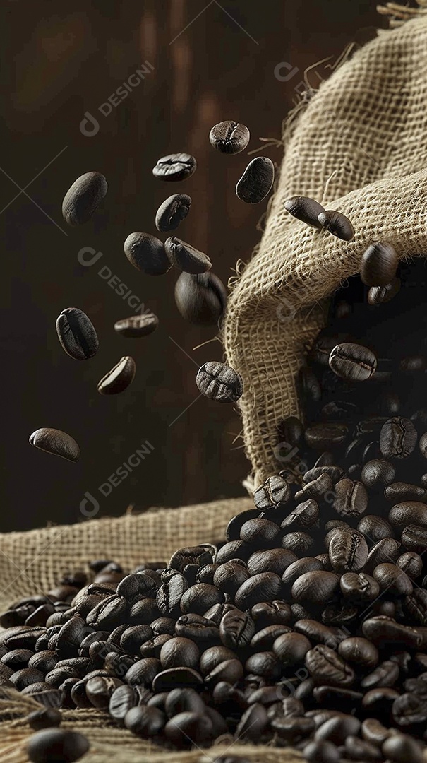 Fotografia de produto de grãos de café caindo de um saco de estopa aparência rústica ultra realista