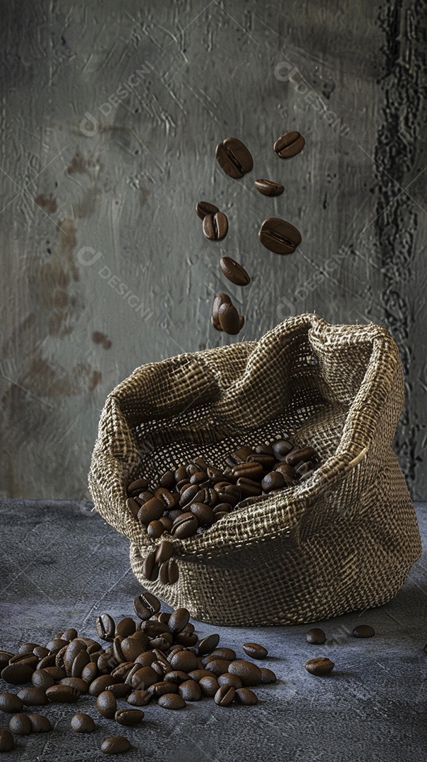 Fotografia de produto de grãos de café caindo de um saco de estopa aparência rústica ultra realista