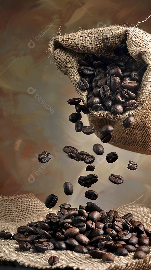 Fotografia de produto de grãos de café caindo de um saco de estopa aparência rústica ultra realista