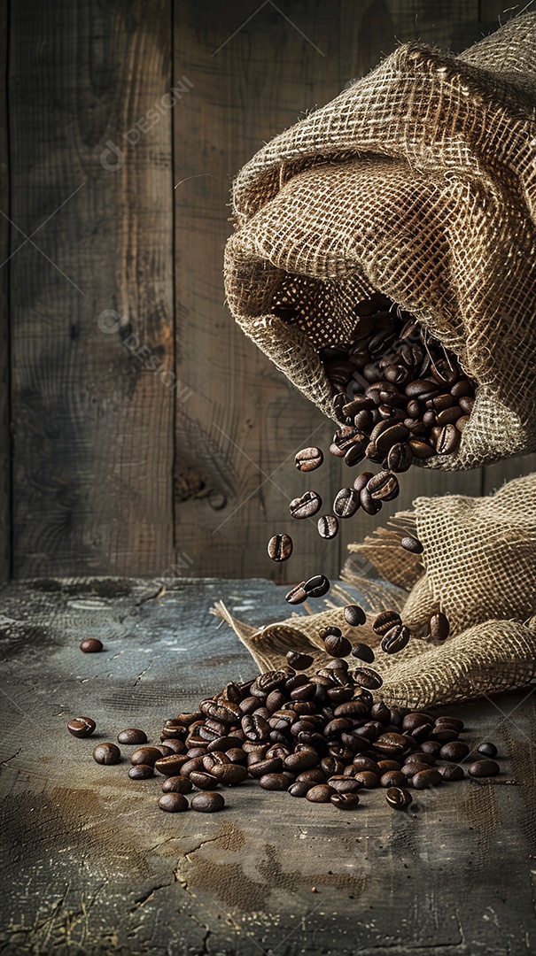 Fotografia de produto de grãos de café caindo de um saco de estopa aparência rústica ultra realista