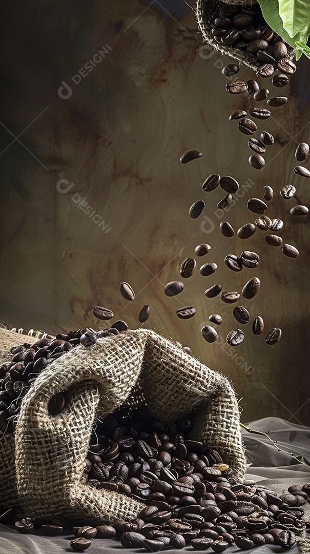 Fotografia de produto de grãos de café caindo de um saco de estopa aparência rústica ultra realista