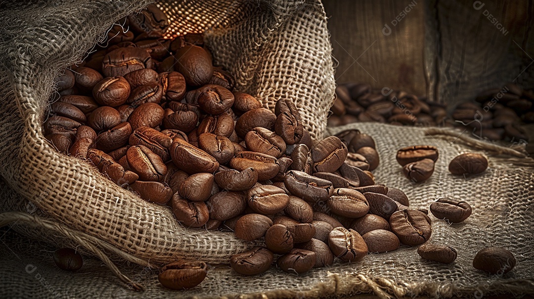 Fotografia de produto de grãos de café caindo de um saco de estopa aparência rústica ultra realista