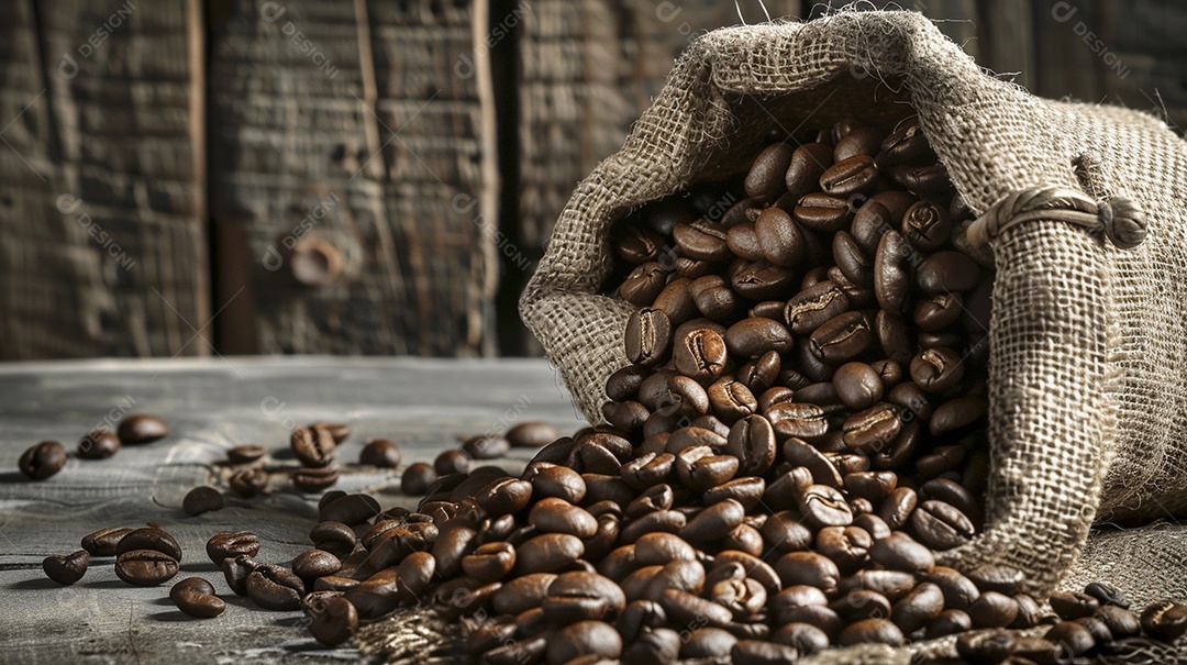 Fotografia de produto de grãos de café caindo de um saco de estopa aparência rústica ultra realista