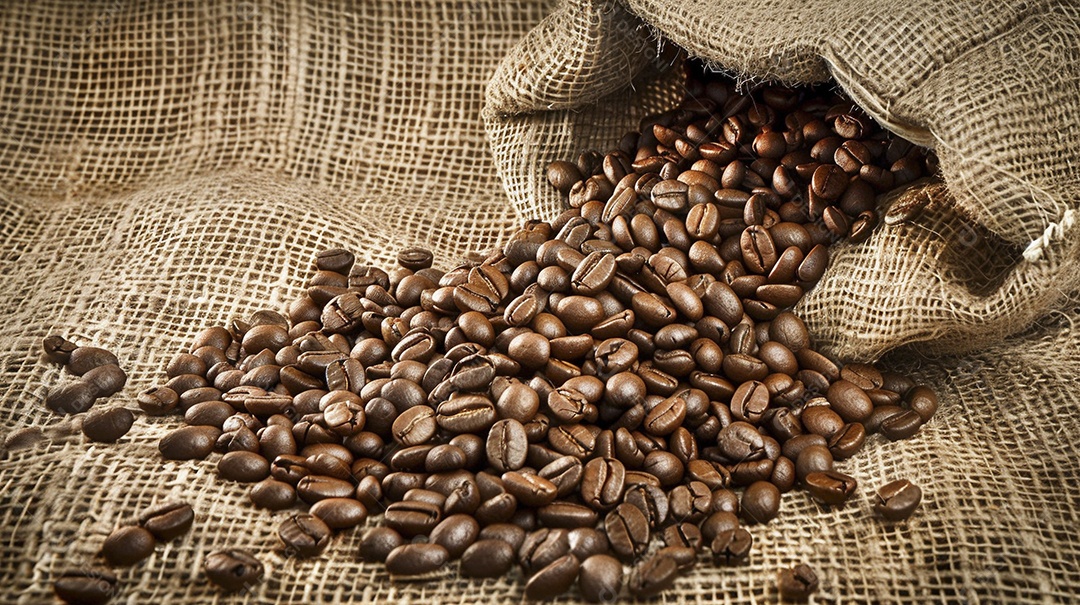 Fotografia de produto de grãos de café caindo de um saco de estopa aparência rústica ultra realista