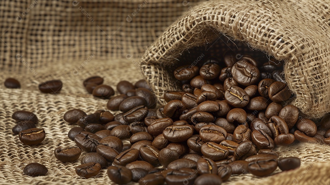 Fotografia de produto de grãos de café caindo de um saco de estopa aparência rústica ultra realista
