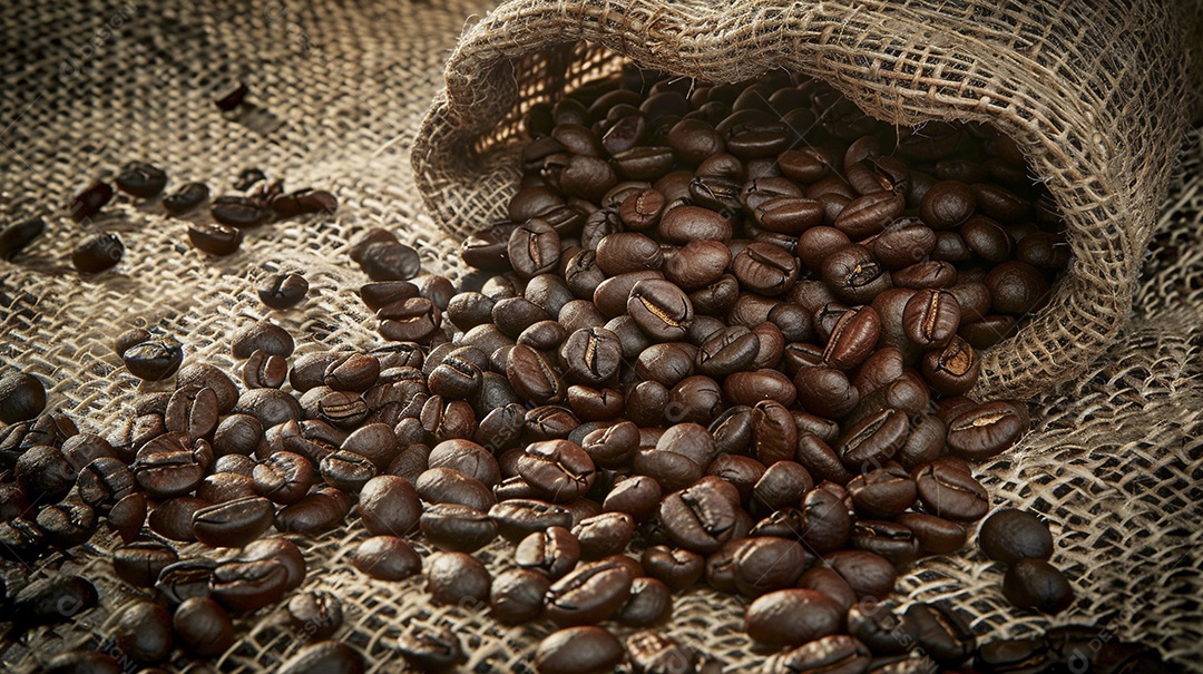 Fotografia de produto de grãos de café caindo de um saco de estopa aparência rústica ultra realista